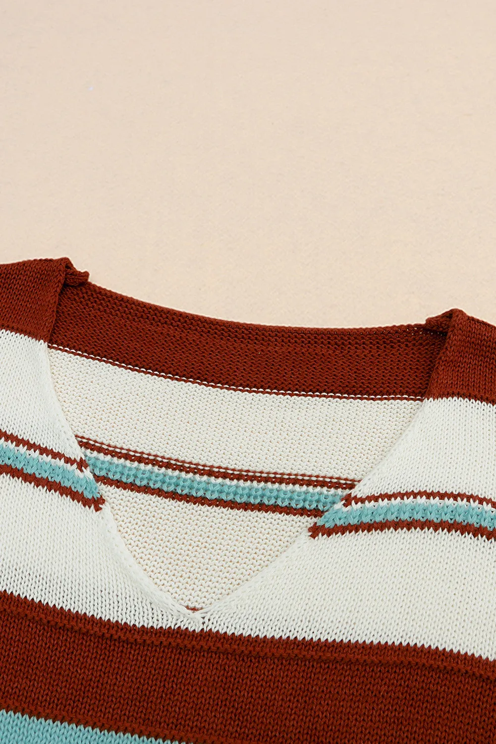 Peach Blossom Striped Pattern Knit V Neck Sweater