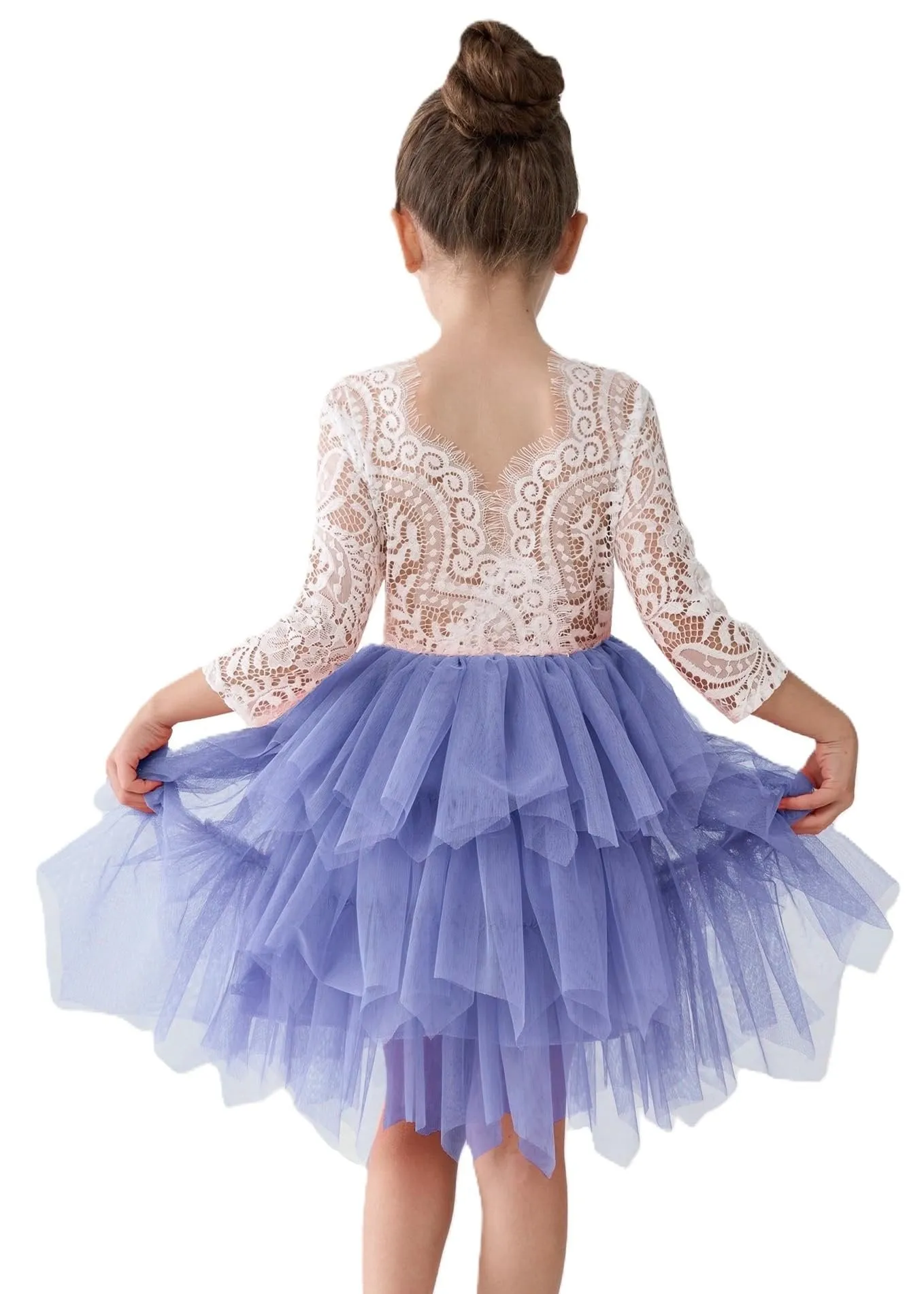 Peony Lace Flower Girl Dress in Bluish Gray (tiered)