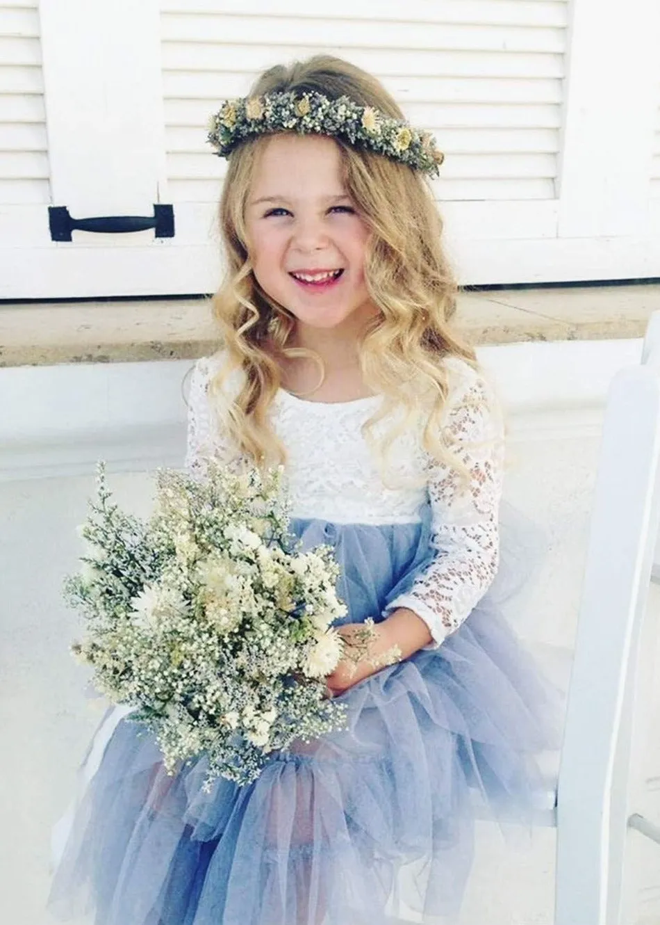 Peony Lace Flower Girl Dress in Bluish Gray (tiered)