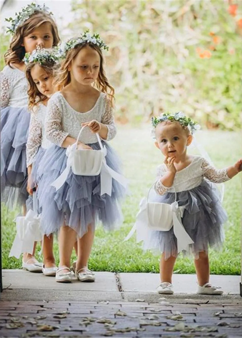Peony Lace Flower Girl Dress in Bluish Gray (tiered)