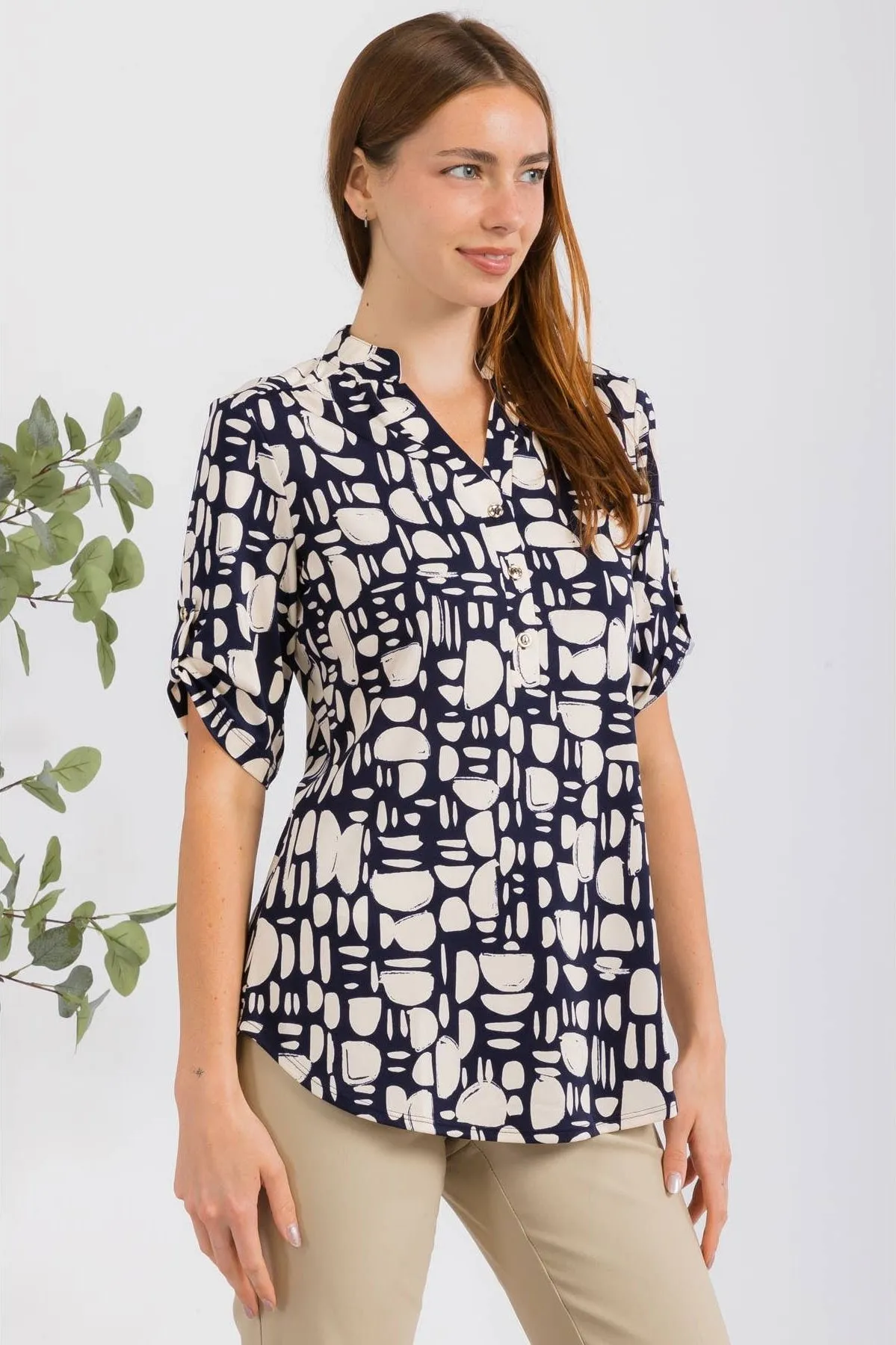 Perseption Mandarin Half Placket Roll Tab Shirt
