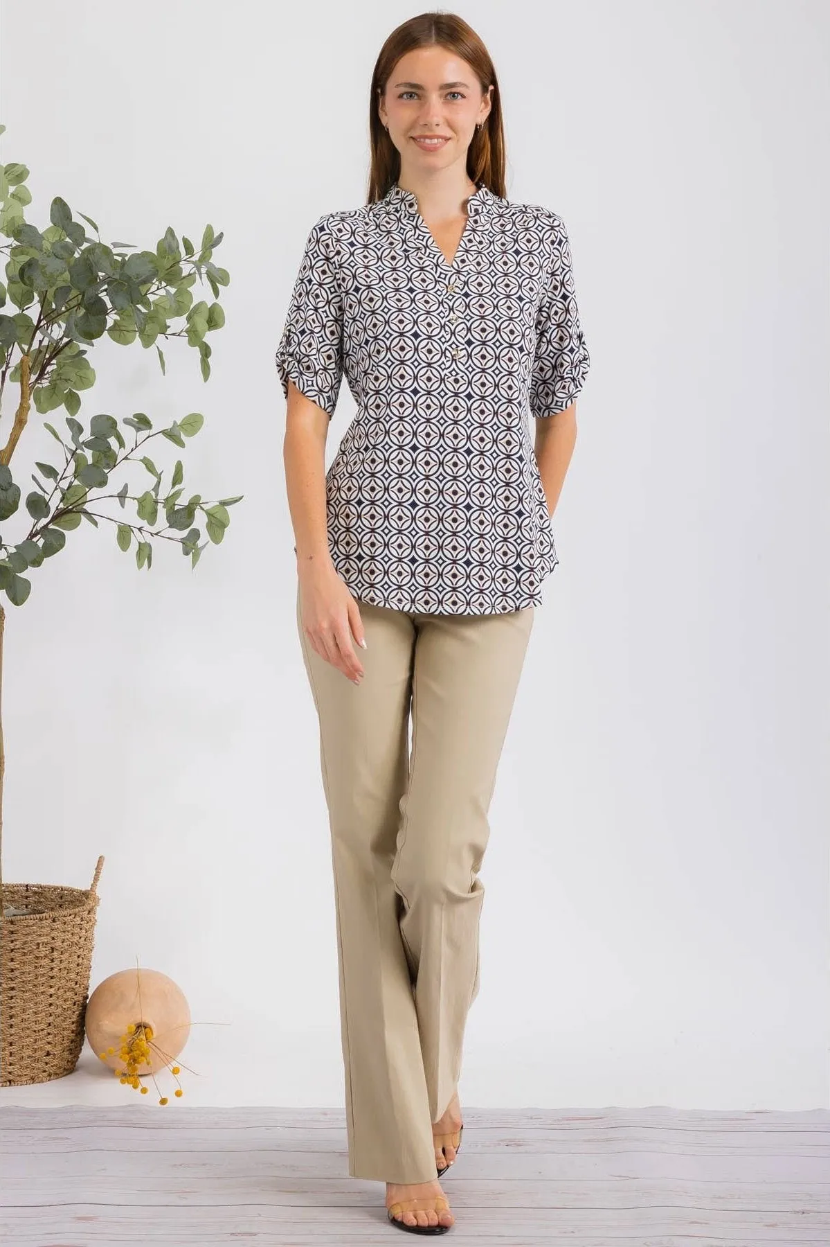 Perseption Mandarin Half Placket Roll Tab Shirt