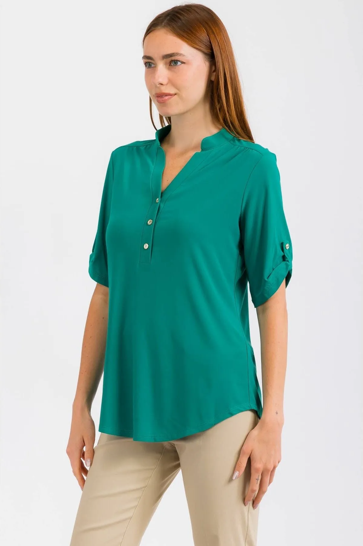 Perseption Solid Mandarin Half Placket Roll Tab Shirt. Fall Clearance!