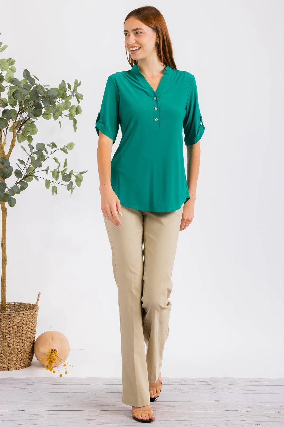 Perseption Solid Mandarin Half Placket Roll Tab Shirt. Fall Clearance!