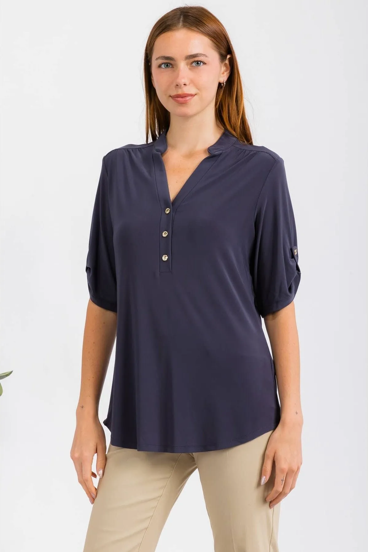 Perseption Solid Mandarin Half Placket Roll Tab Shirt. Fall Clearance!