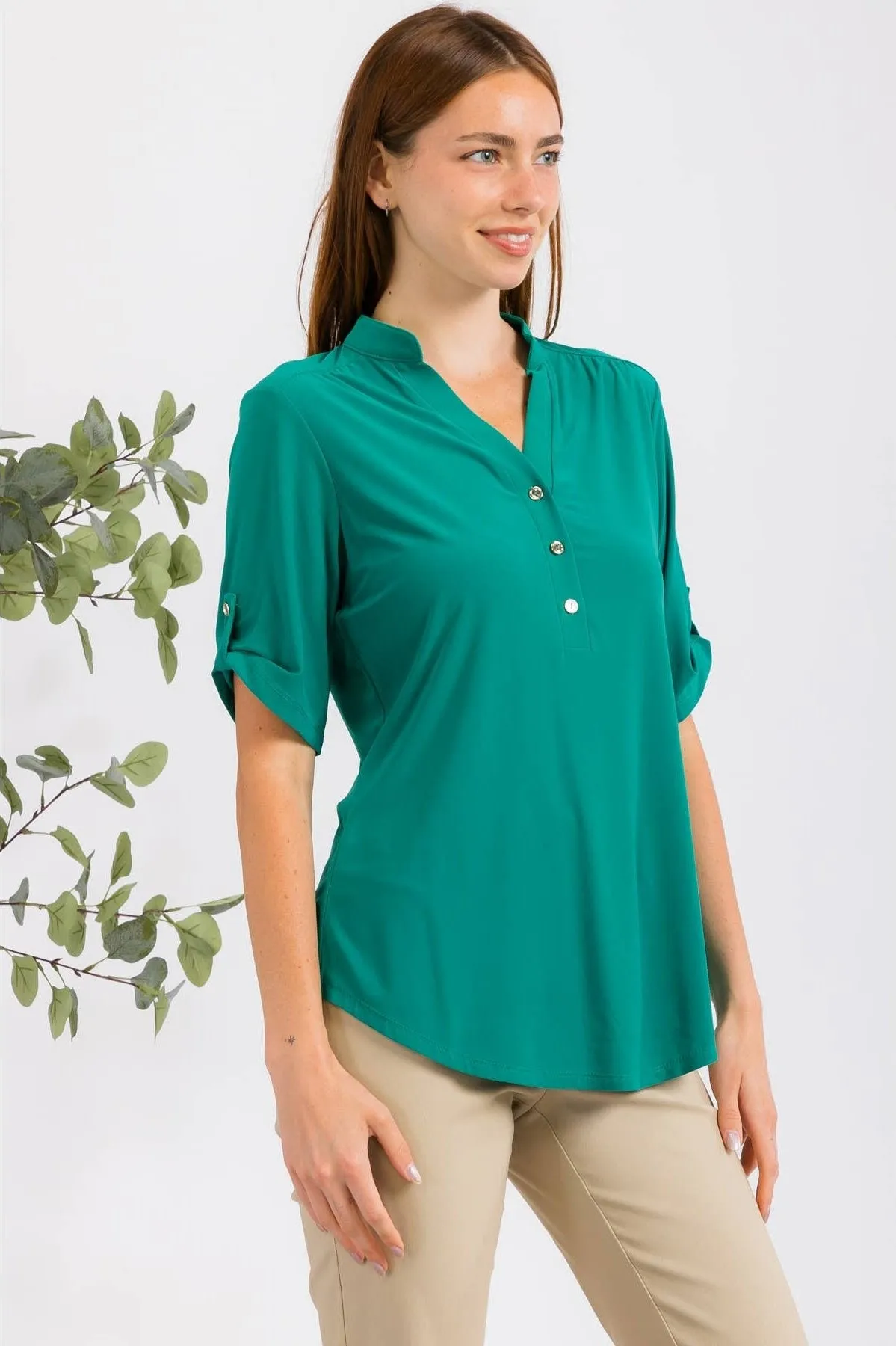 Perseption Solid Mandarin Half Placket Roll Tab Shirt. Fall Clearance!