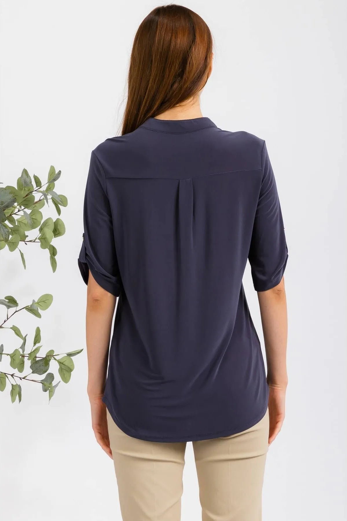 Perseption Solid Mandarin Half Placket Roll Tab Shirt. Fall Clearance!