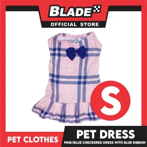 Pet Dress Pink/Blue Checkered Dress with Blue Ribbon (Small) Perfect Fit for Dogs and Cats