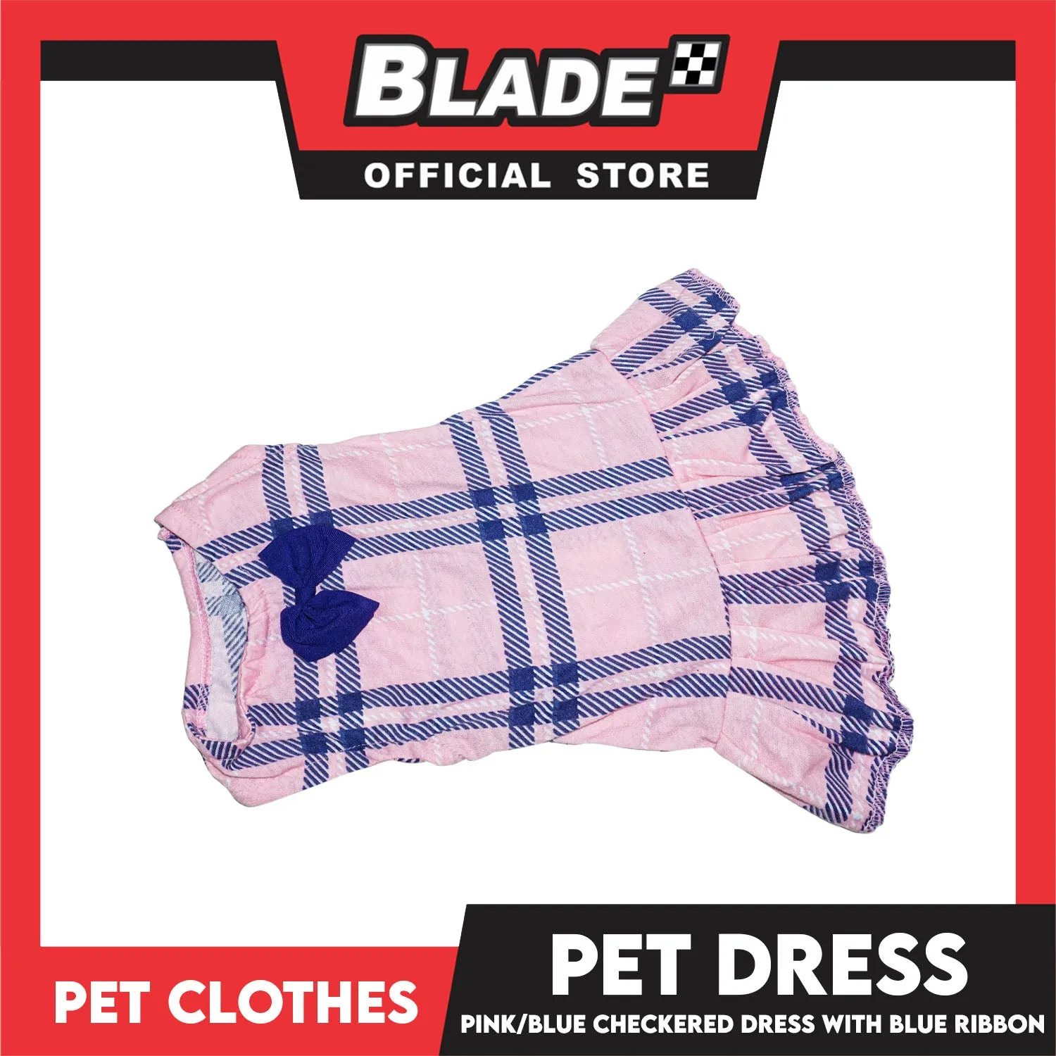 Pet Dress Pink/Blue Checkered Dress with Blue Ribbon (Small) Perfect Fit for Dogs and Cats