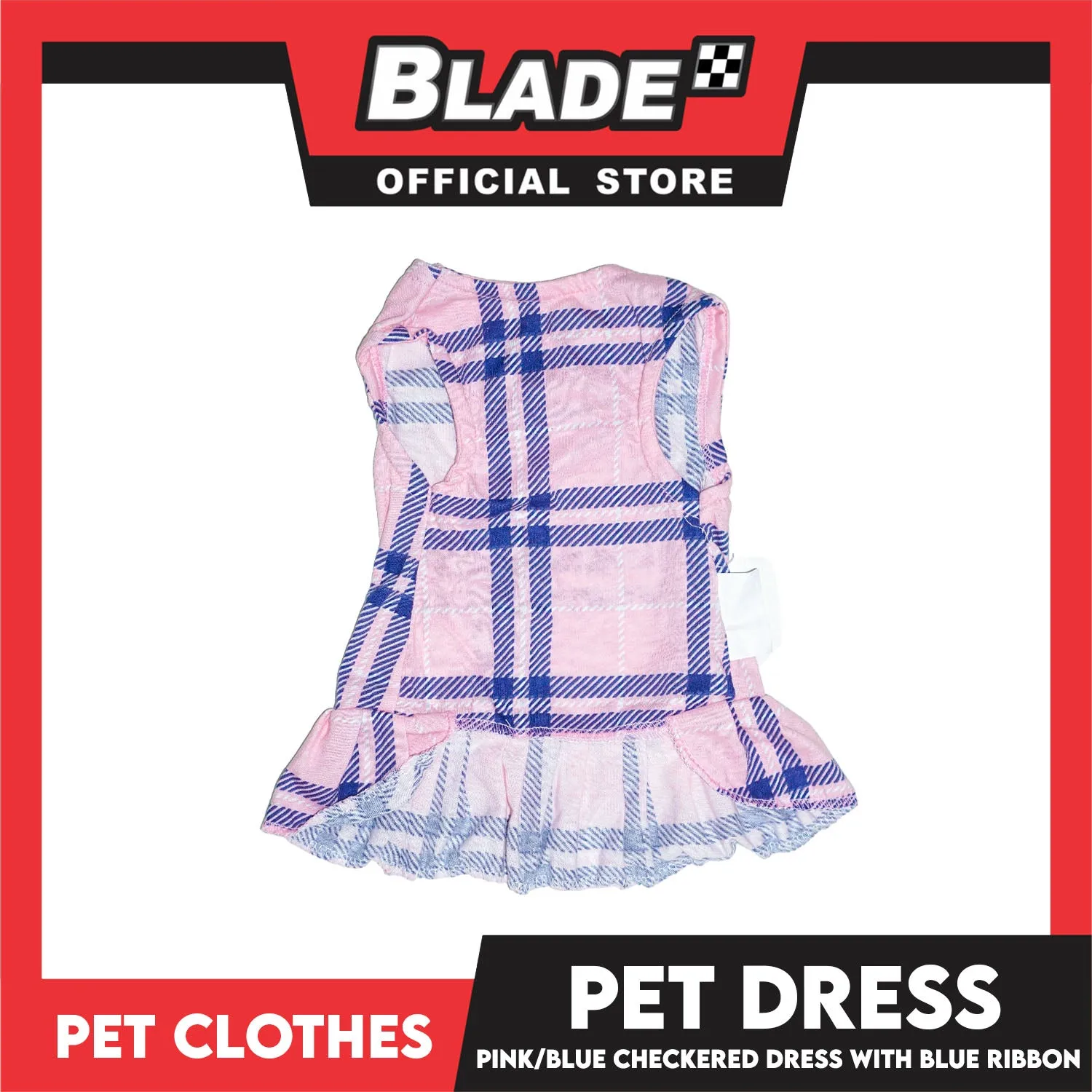 Pet Dress Pink/Blue Checkered Dress with Blue Ribbon (Small) Perfect Fit for Dogs and Cats