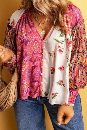 Pink Floral Patch Bishop Sleeve V Neck Buttoned Plus Blouse