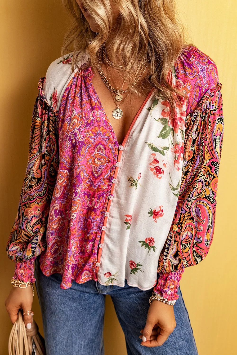 Pink Floral Patch Bishop Sleeve V Neck Buttoned Plus Blouse