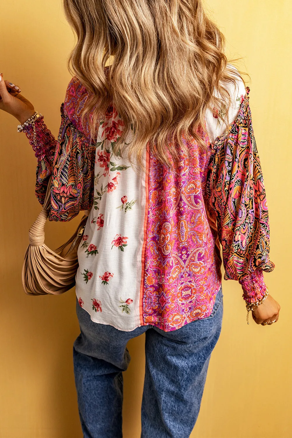 Pink Floral Patch Bishop Sleeve V Neck Buttoned Plus Blouse