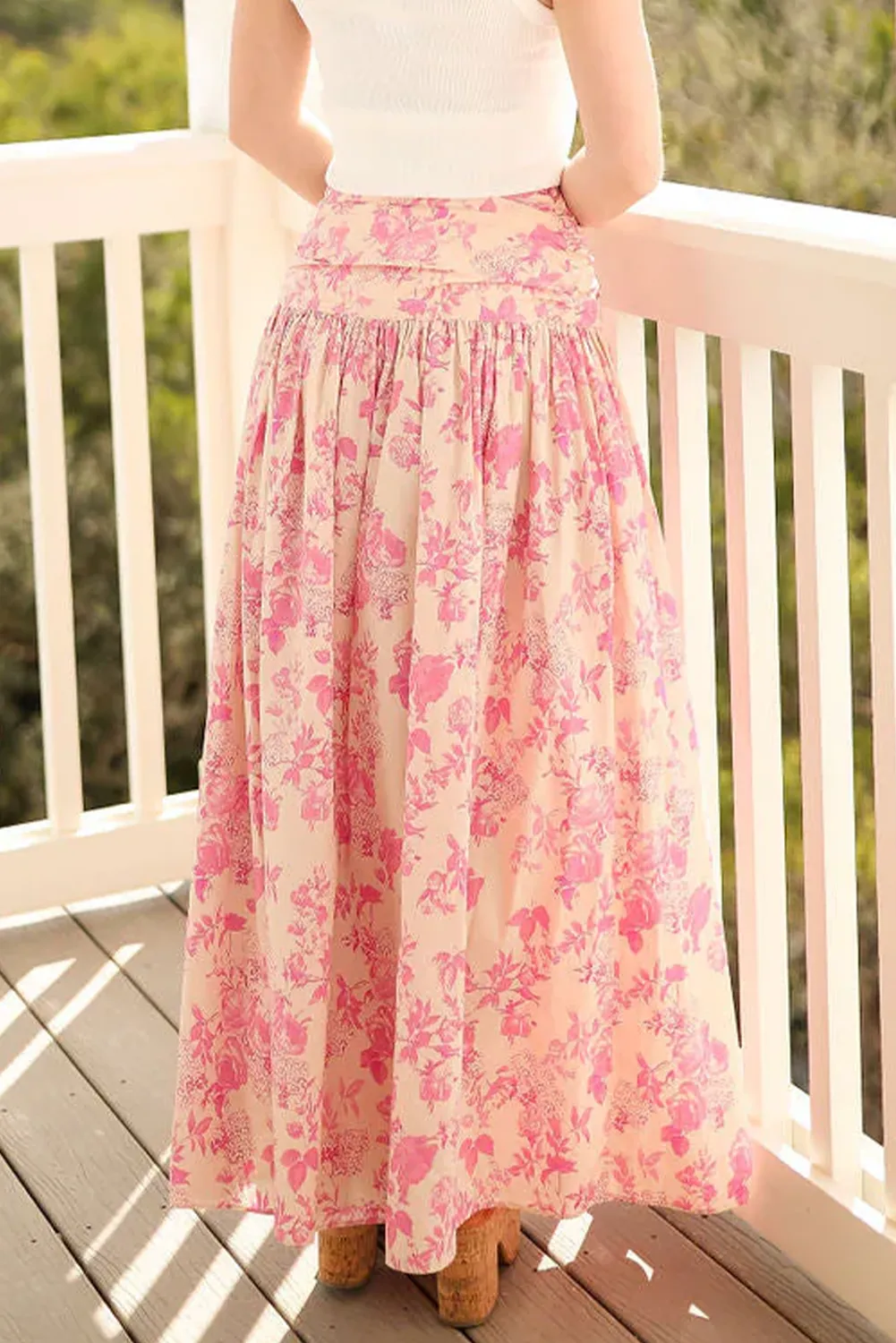 Pink Pleated High Wasitband Floral Maxi Skirt