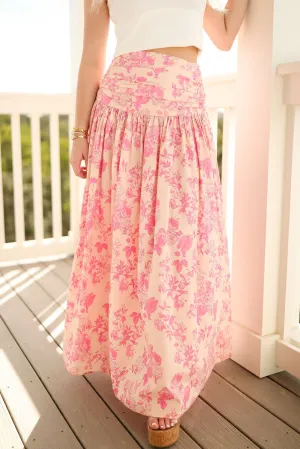 Pink Pleated High Wasitband Floral Maxi Skirt