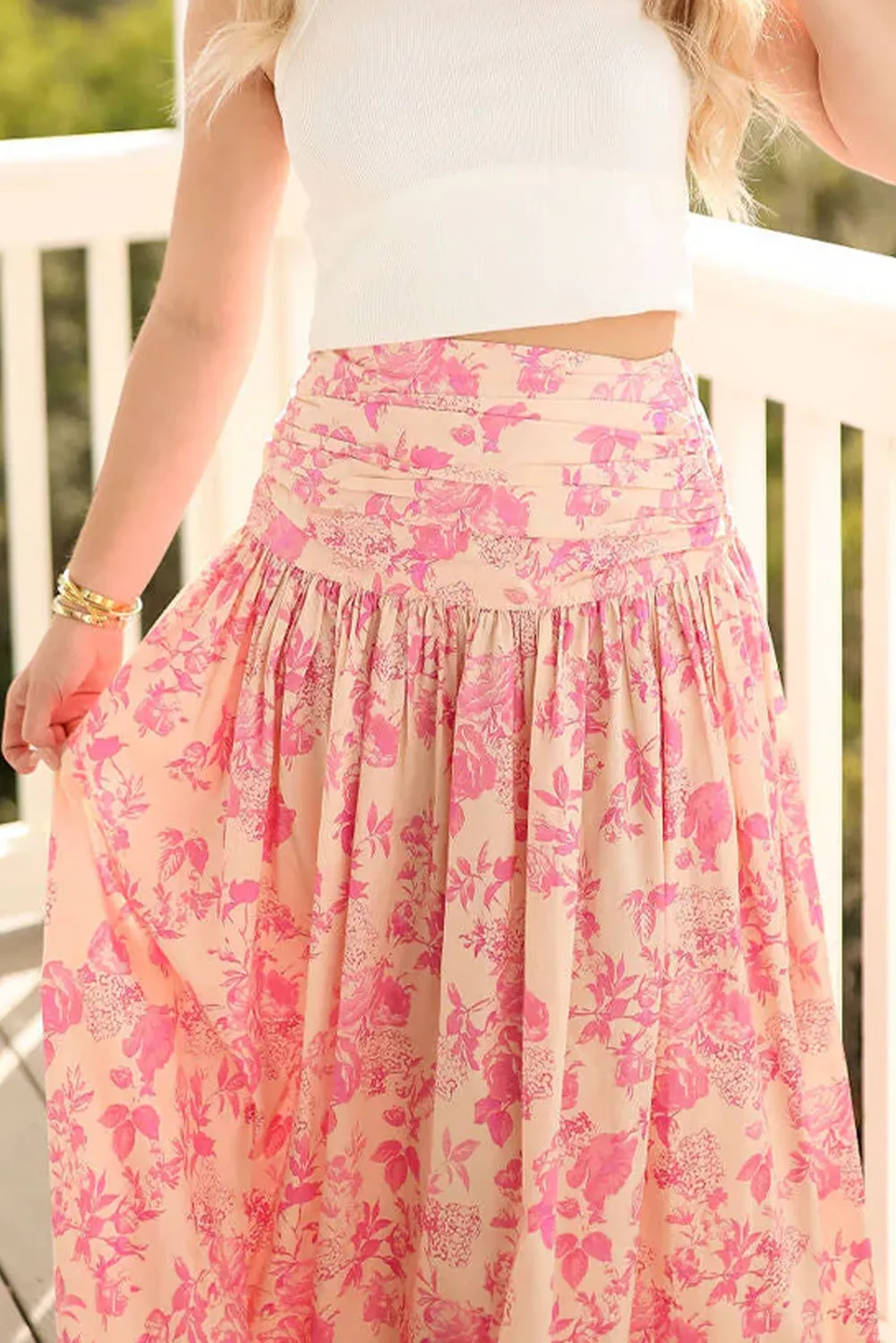 Pink Pleated High Wasitband Floral Maxi Skirt