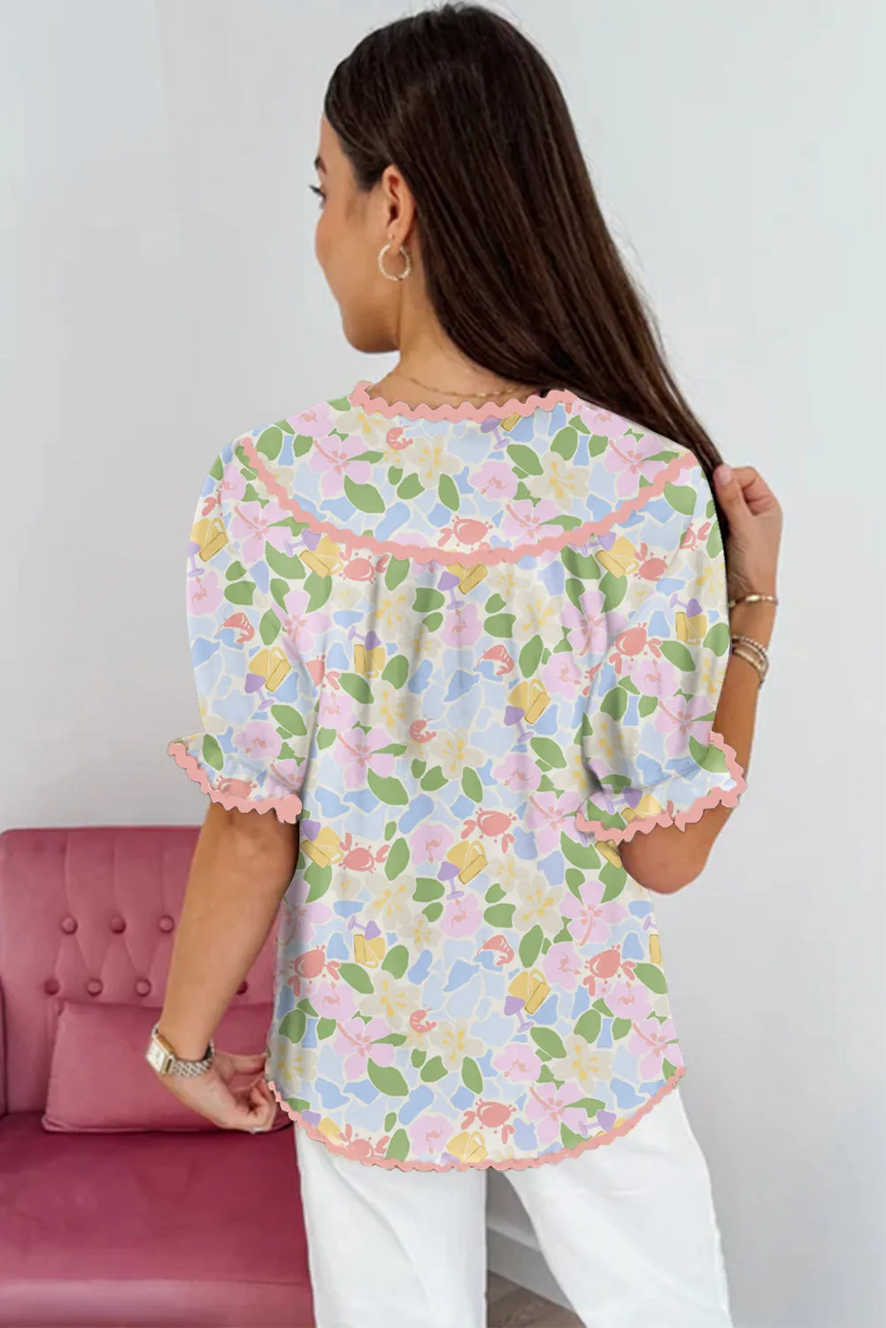 Pink Ricrac Trim Tie Neck Short Sleeve Floral Blouse