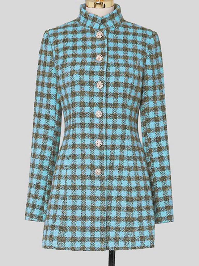 Plaid Stand Collar Houndstooth Tweed 1940S Coat