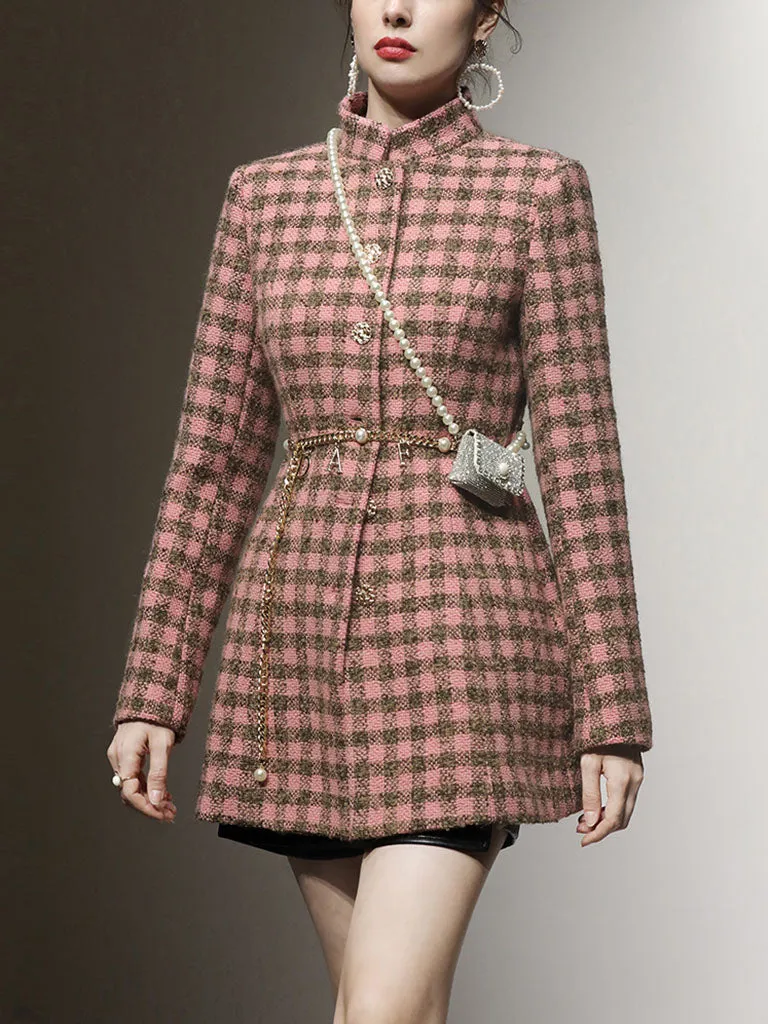 Plaid Stand Collar Houndstooth Tweed 1940S Coat