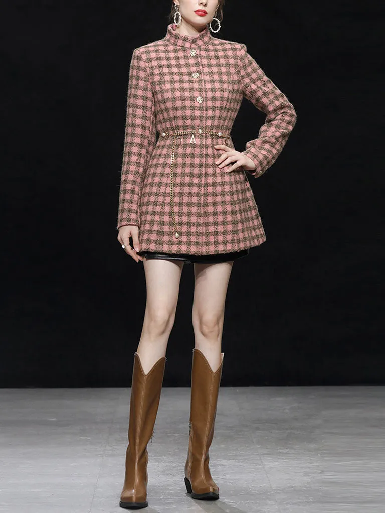 Plaid Stand Collar Houndstooth Tweed 1940S Coat