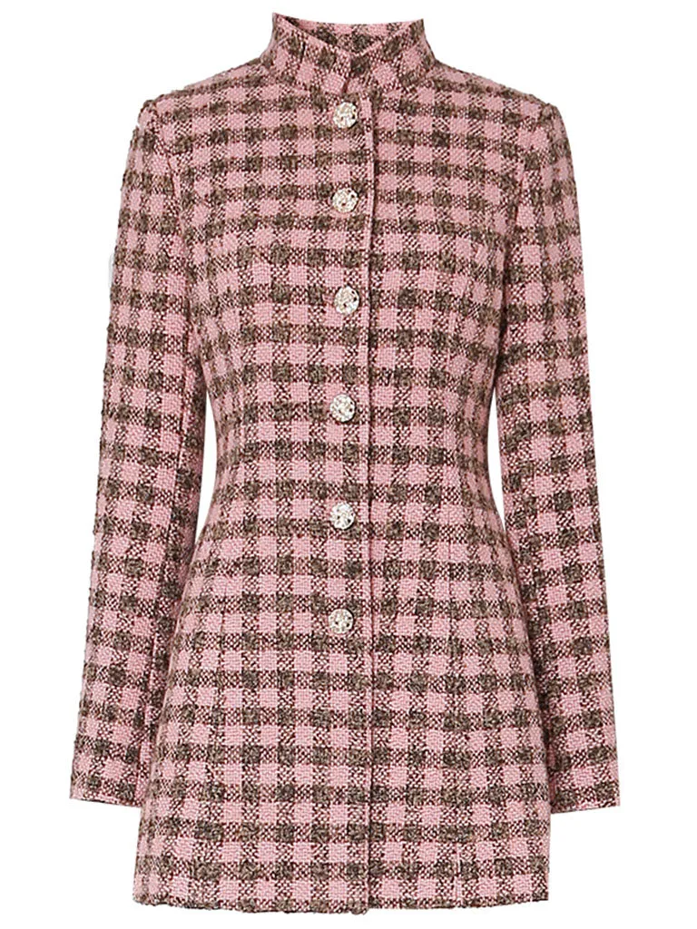 Plaid Stand Collar Houndstooth Tweed 1940S Coat