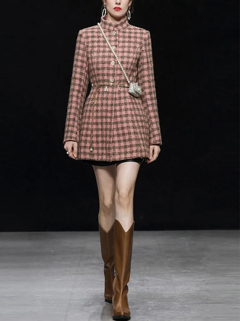 Plaid Stand Collar Houndstooth Tweed 1940S Coat
