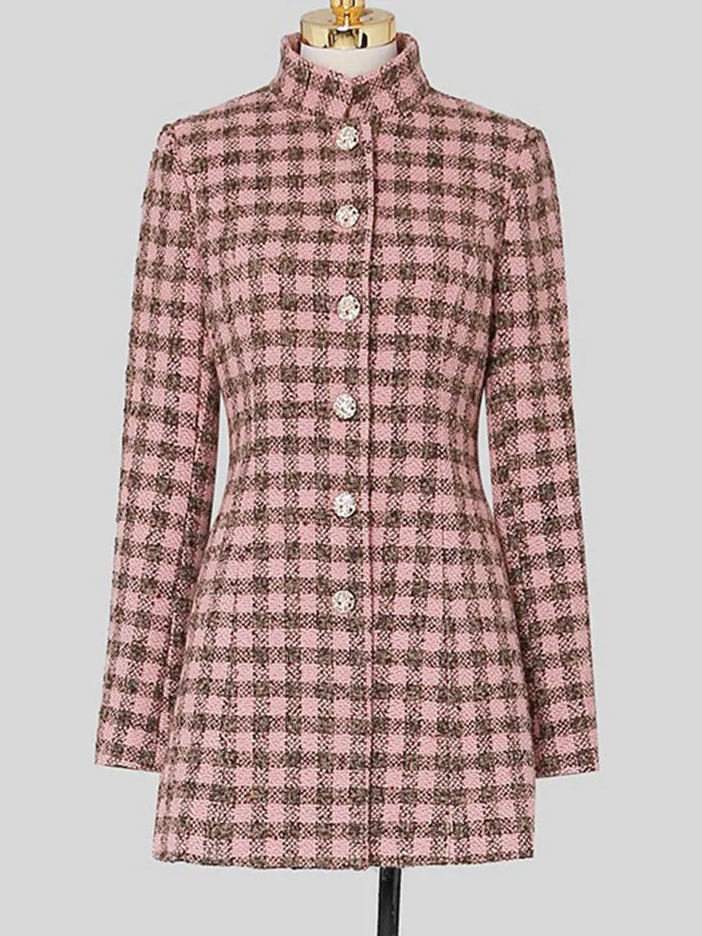 Plaid Stand Collar Houndstooth Tweed 1940S Coat