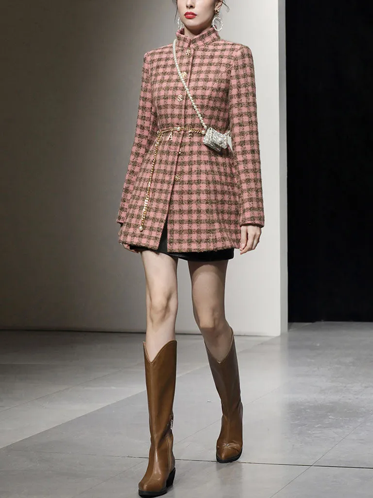Plaid Stand Collar Houndstooth Tweed 1940S Coat