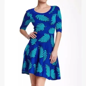 PLENTY BY TRACY REESE Blue Leaf Fit and Flare Printed Dress Size Medium Petite
