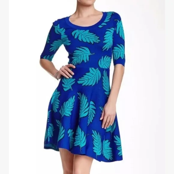PLENTY BY TRACY REESE Blue Leaf Fit and Flare Printed Dress Size Medium Petite