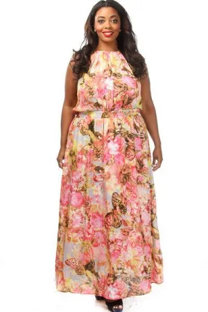 Plus Size Gorgeous Floral Unique Print Cute Flare Maxi Dress