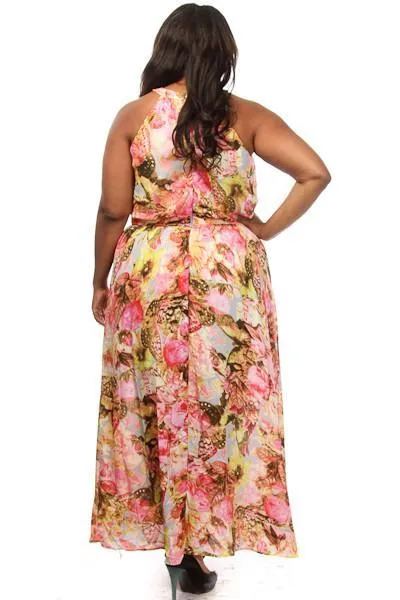 Plus Size Gorgeous Floral Unique Print Cute Flare Maxi Dress