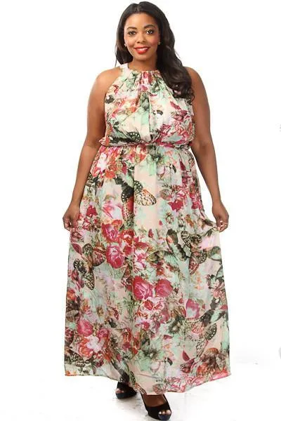 Plus Size Gorgeous Floral Unique Print Cute Flare Maxi Dress