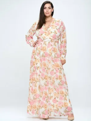 PLUS SIZE LONG SLEEVE SURPLICE FLORAL MAXI DRESS