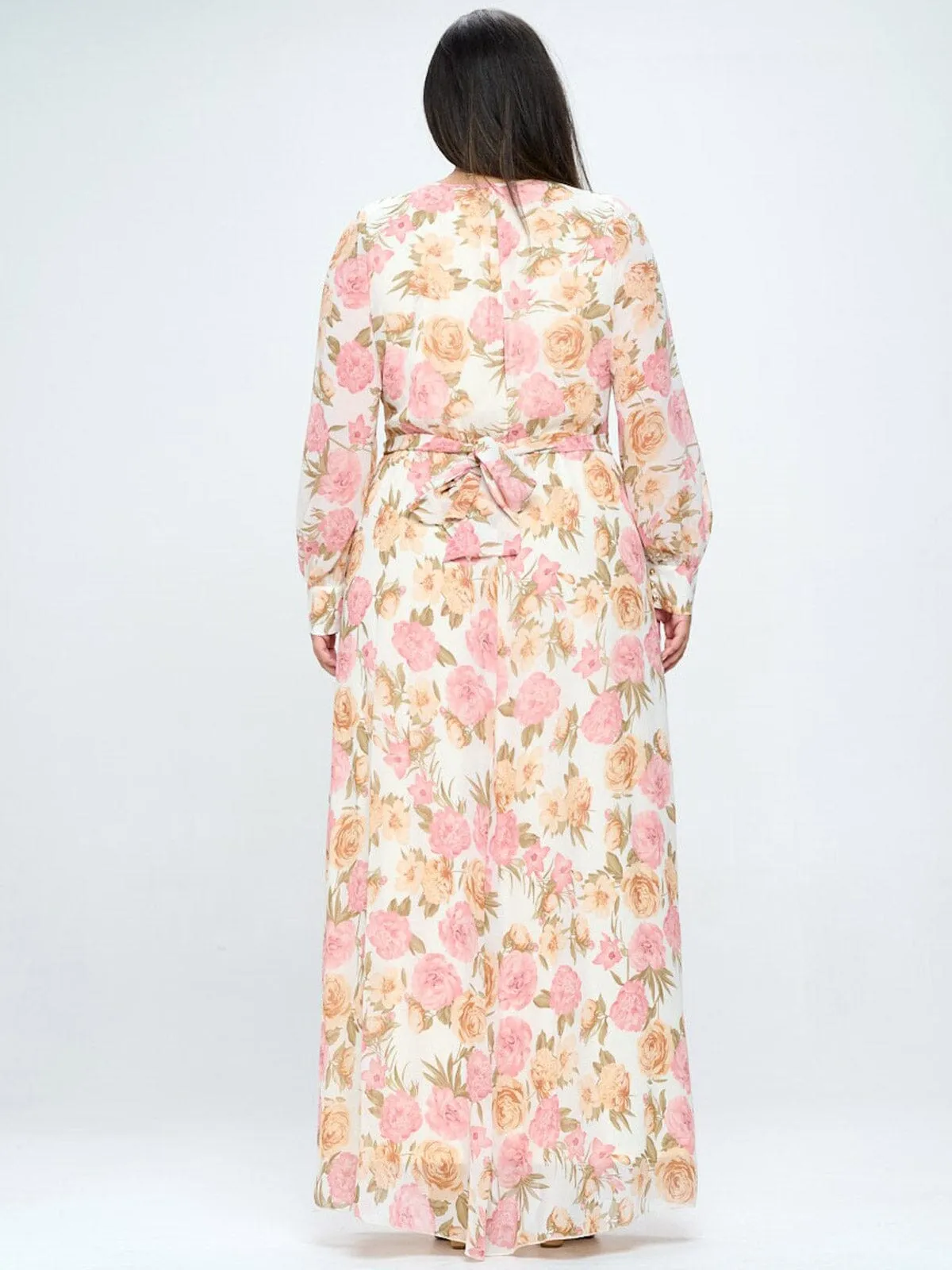 PLUS SIZE LONG SLEEVE SURPLICE FLORAL MAXI DRESS