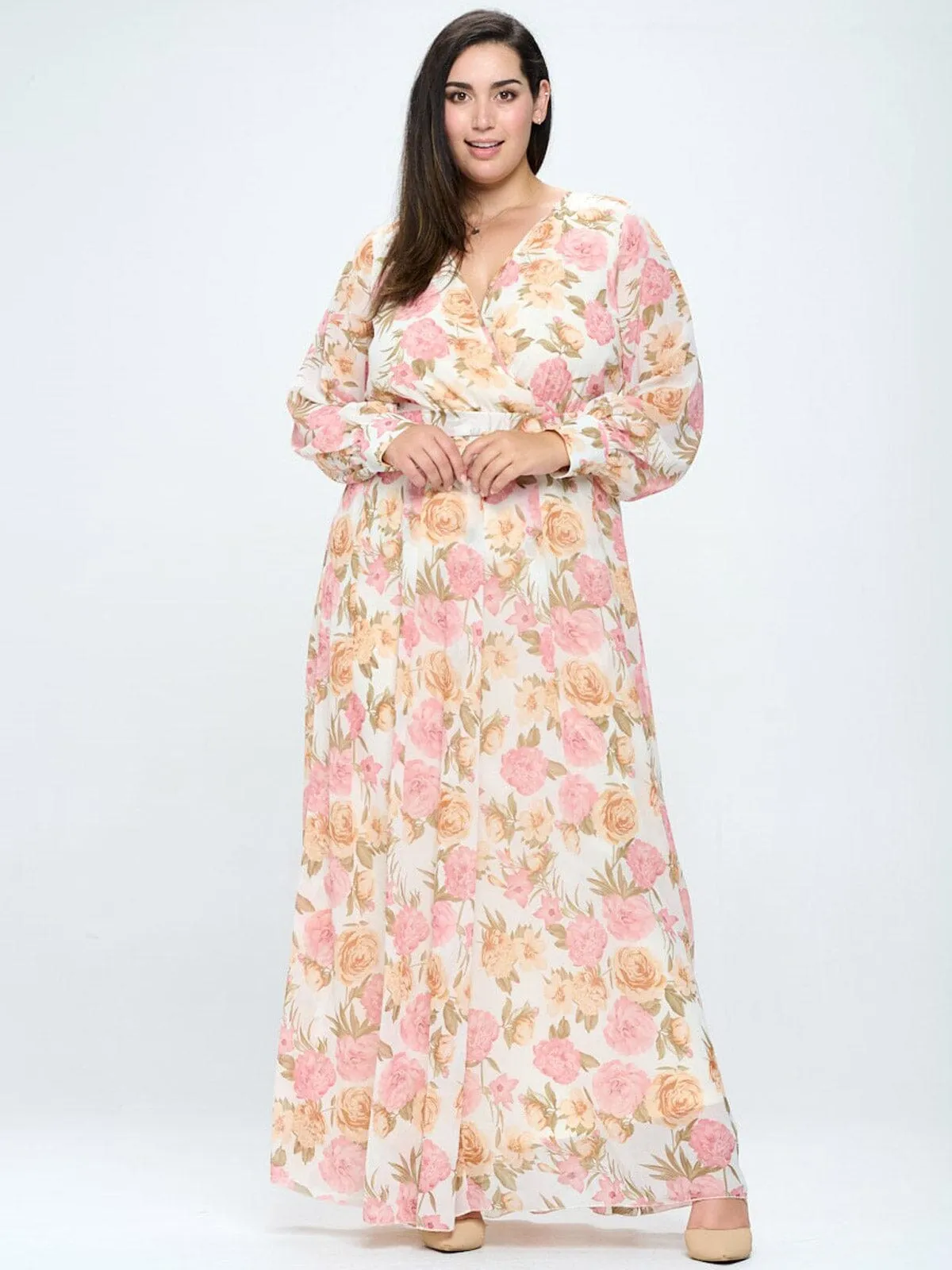 PLUS SIZE LONG SLEEVE SURPLICE FLORAL MAXI DRESS