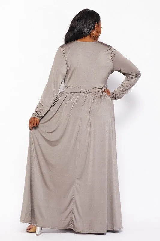 PLUS SIZE LONG SLEEVE SURPLICE SLIT MAXI DRESS