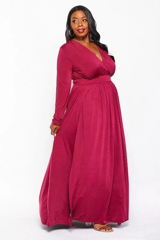 PLUS SIZE LONG SLEEVE SURPLICE SLIT MAXI DRESS