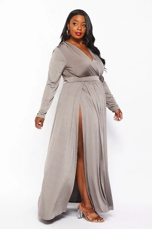 PLUS SIZE LONG SLEEVE SURPLICE SLIT MAXI DRESS