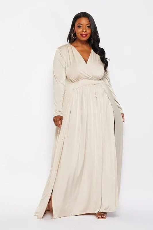 PLUS SIZE LONG SLEEVE SURPLICE SLIT MAXI DRESS