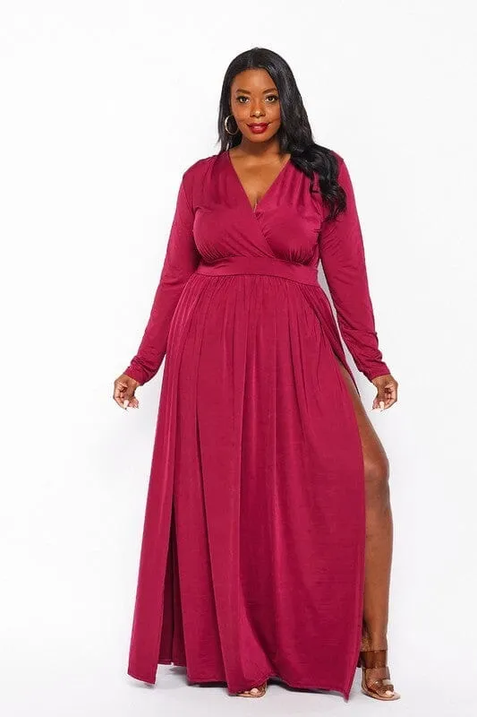 PLUS SIZE LONG SLEEVE SURPLICE SLIT MAXI DRESS