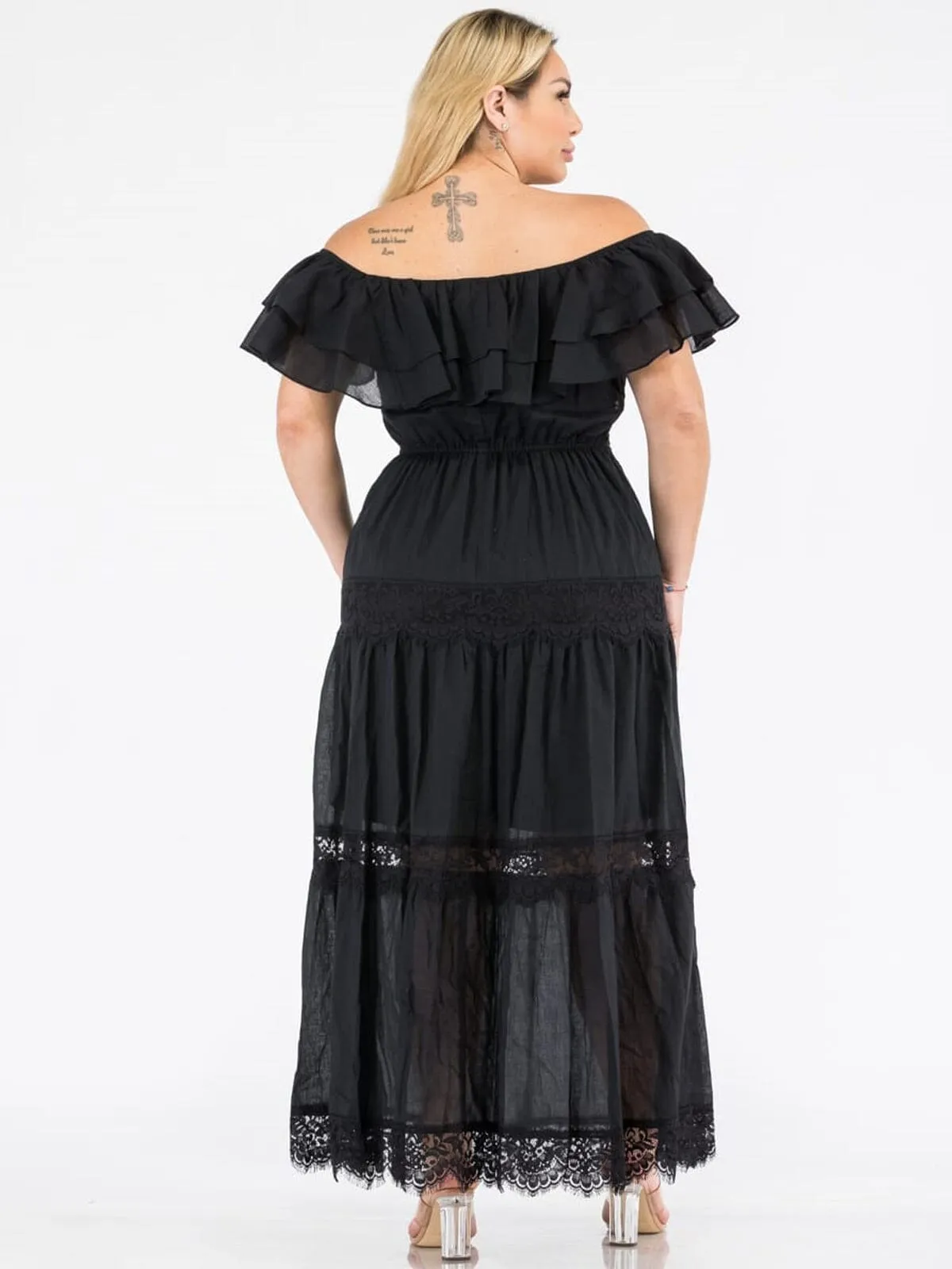 PLUS SIZE OFF SHOULDER RUFFLE LACE TIERED MAXI DRESS