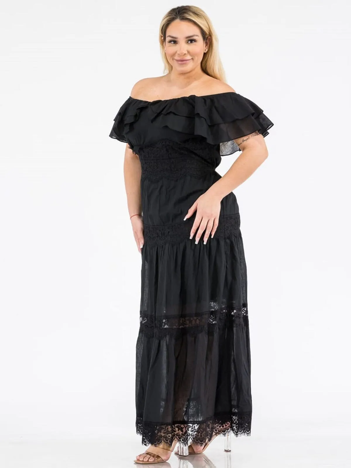 PLUS SIZE OFF SHOULDER RUFFLE LACE TIERED MAXI DRESS