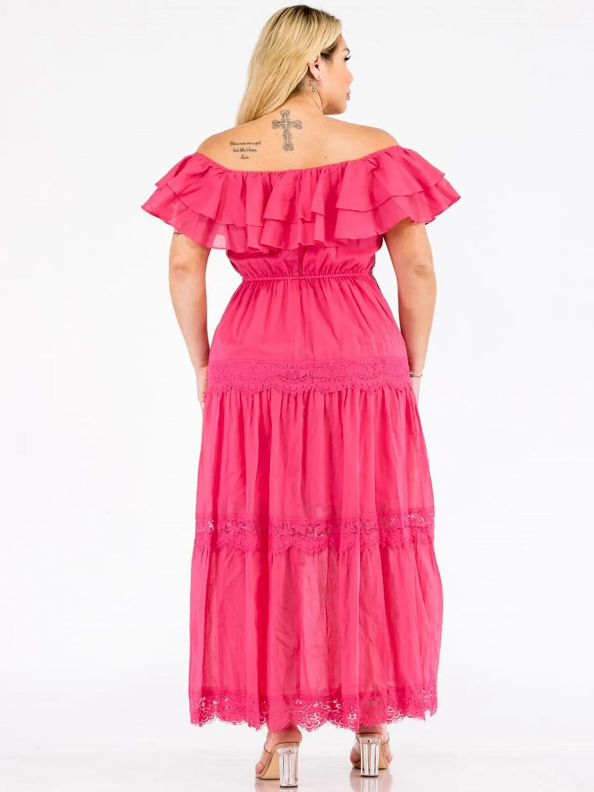 PLUS SIZE OFF SHOULDER RUFFLE LACE TIERED MAXI DRESS