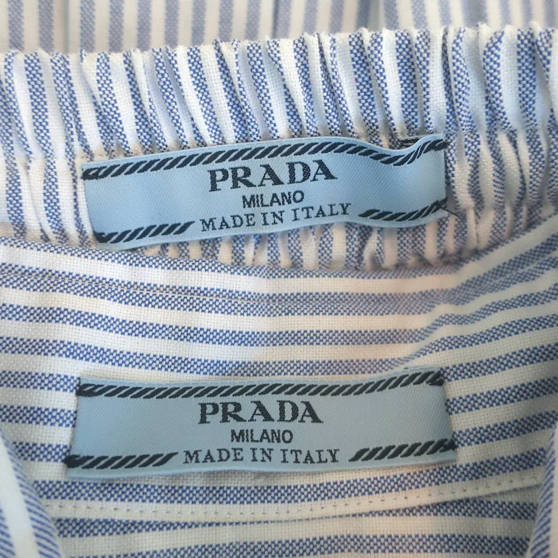 Prada Logo-Embroidered Striped Shirt & Pleated Skirt Set Blue/White Size 44