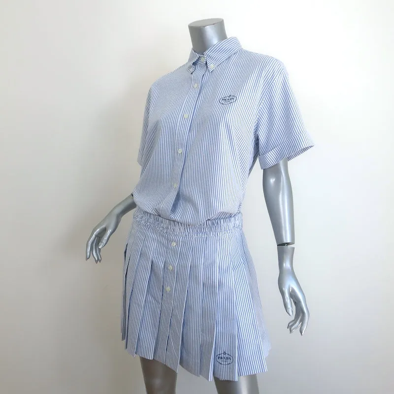 Prada Logo-Embroidered Striped Shirt & Pleated Skirt Set Blue/White Size 44