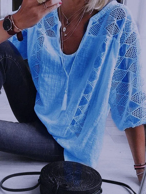 Prettybeautie Lace-Combo V-Neck Blouse