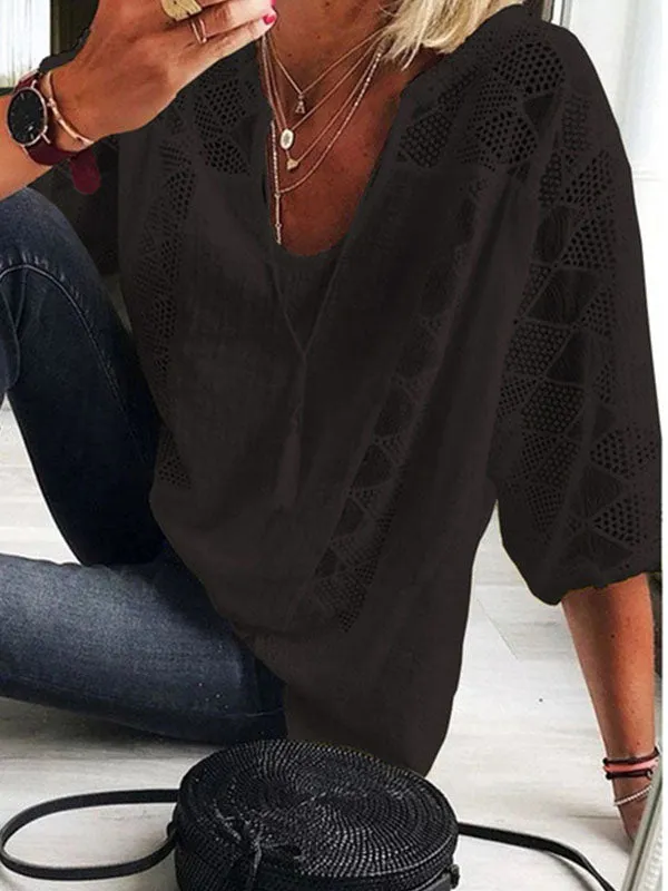 Prettybeautie Lace-Combo V-Neck Blouse