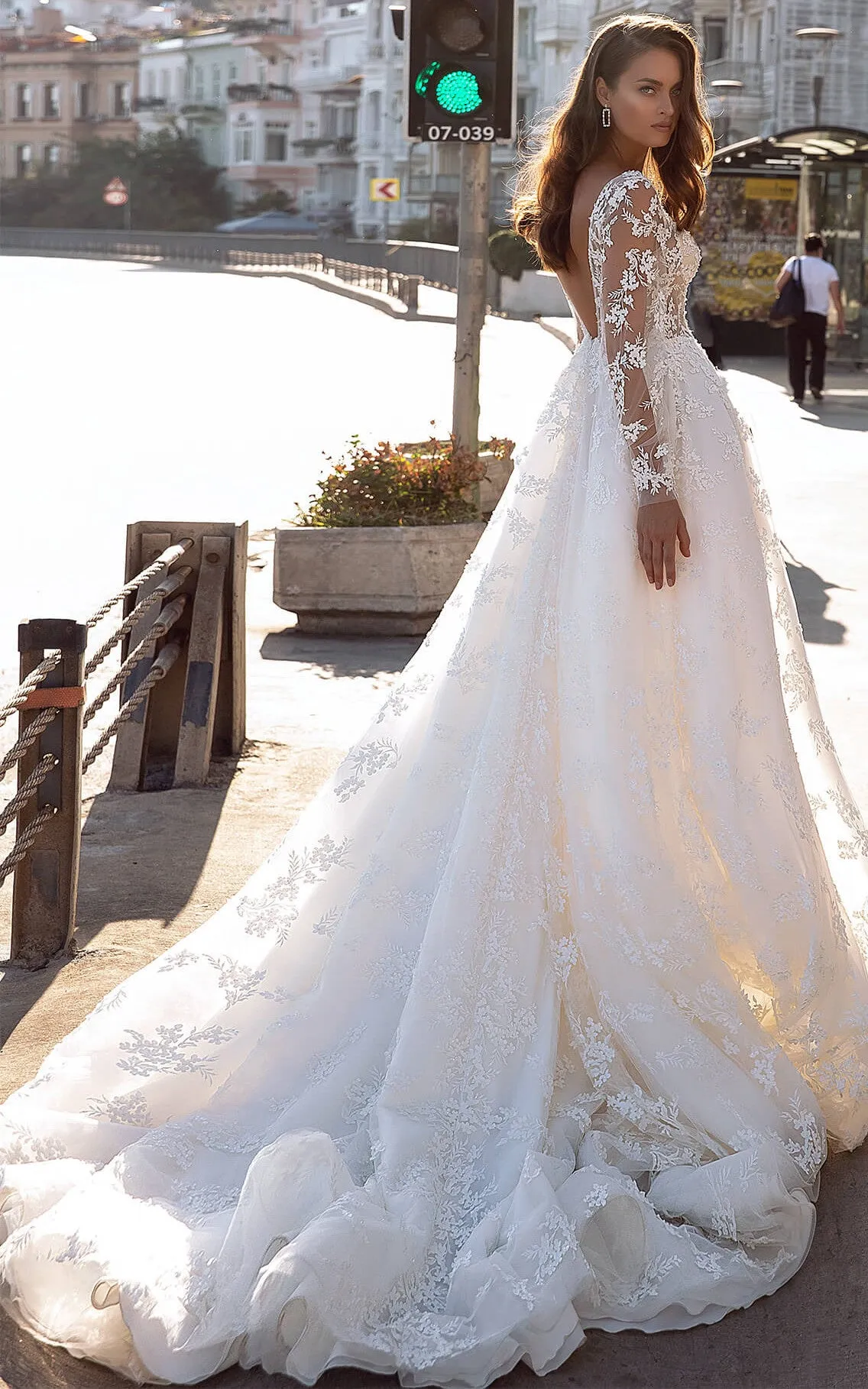 Princess Long Sleeve V-neck A Line Ball Gown Lace Chapel Train Wedding Dress with Split Front-716053