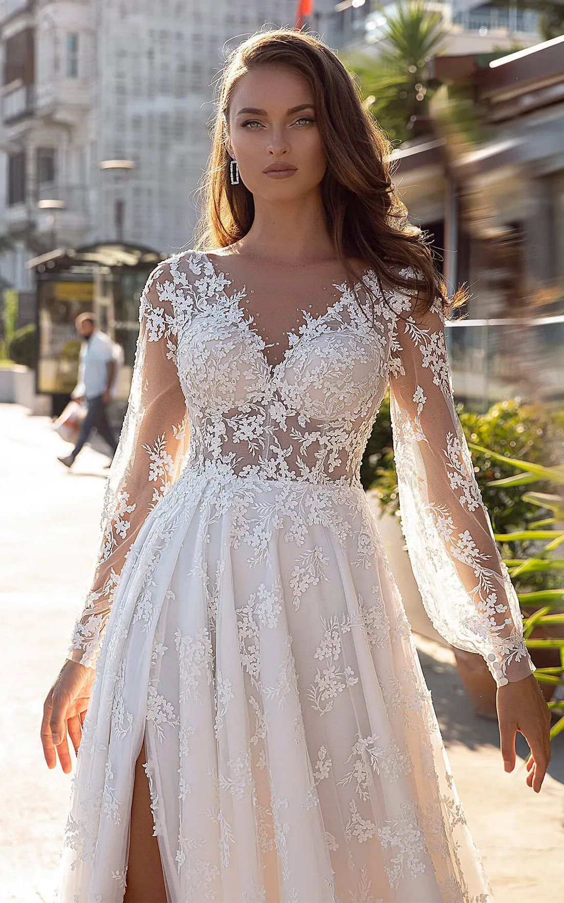Princess Long Sleeve V-neck A Line Ball Gown Lace Chapel Train Wedding Dress with Split Front-716053
